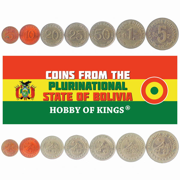 Set 7 Coins Bolivia 5 10 20 25 50 Centavos 1 5 Pesos Bolivanos 1965 - 1980