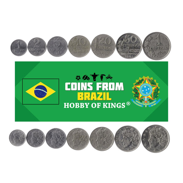 Set 7 Coins Brazil 1 2 5 10 20 50 Centavos 1 Cruzeiros Brazilian Currency 1967 - 1970