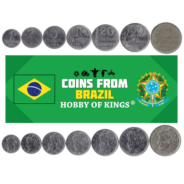 Set 7 Coins Brazil 1 2 5 10 20 50 Centavos 1 Cruzeiros Brazilian Currency 1969 - 1979