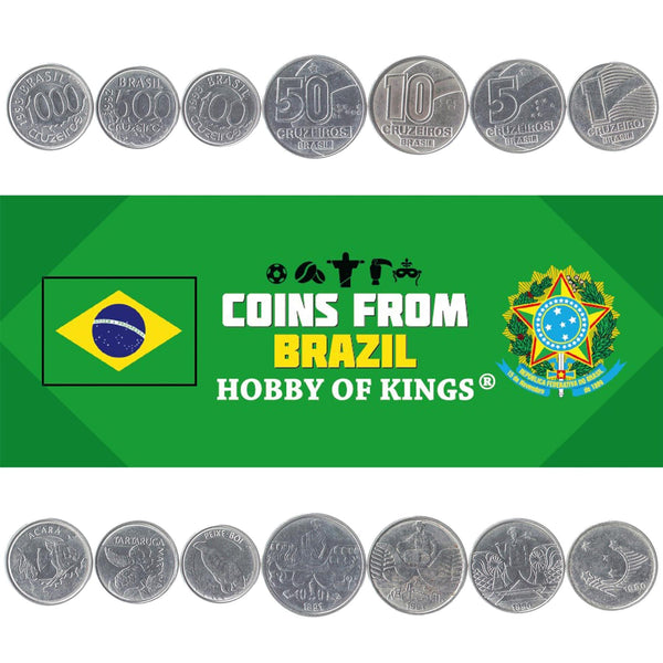 Set 7 Coins Brazil 1 5 10 50 100 500 1000 Cruzeiros Brazilian Currency 1990 - 1993