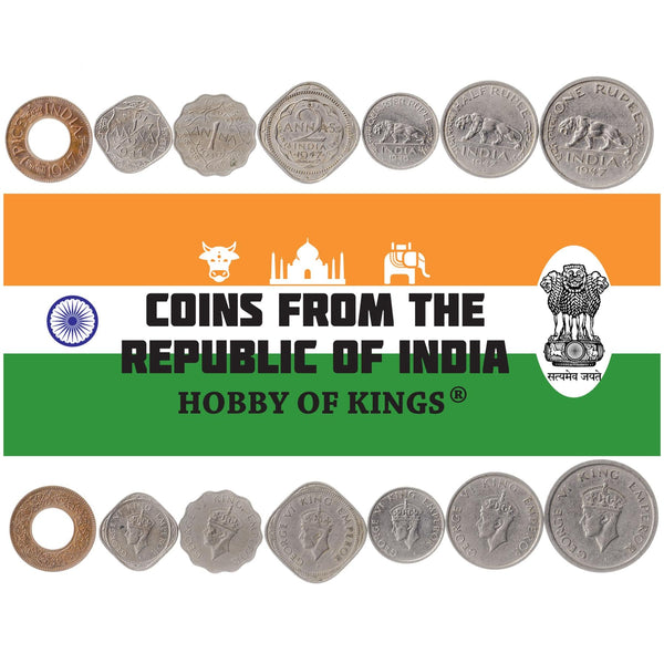 Set 7 Coins British India 1 Pice 1/2 1 2 Annas 1/4 1/2 1 Rupee 1946 - 1947 Indian Money