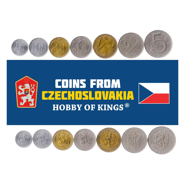 Set 7 Coins Czechoslovakia 5 10 20 50 Hellers 1 2 5 Korun 1972 - 1990