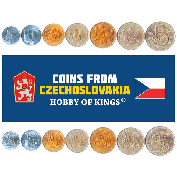 Set 7 Coins Czechoslovakia 5 10 20 50 Hellers 1 2 5 Korun 1991 - 1993