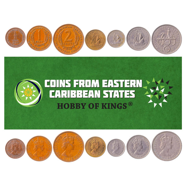 Set 7 Coins Eastern Caribbean States 1/2 1 2 5 10 25 50 Cents 1955 - 1965