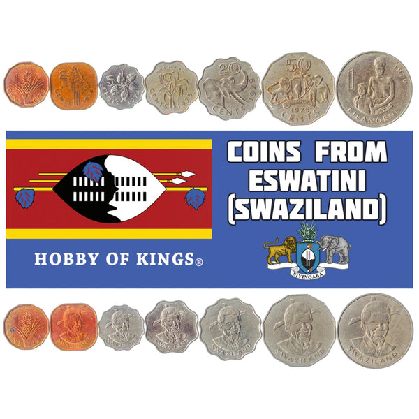 Set 7 Coins Eswatini (Swaziland) 1 2 5 10 20 50 Cents 1 Lilangeni 1974 - 1983