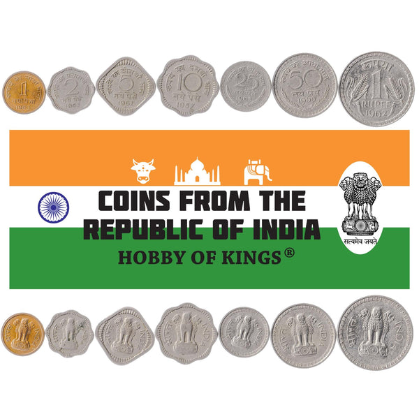 Set 7 Coins India 1 2 5 10 25 50 Paise 1 Rupees 1957 - 1964 Indian Money