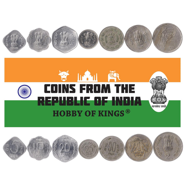Set 7 Coins India 5 10 20 25 50 Paise 1 2 Rupees 1982 - 1994 Indian Money