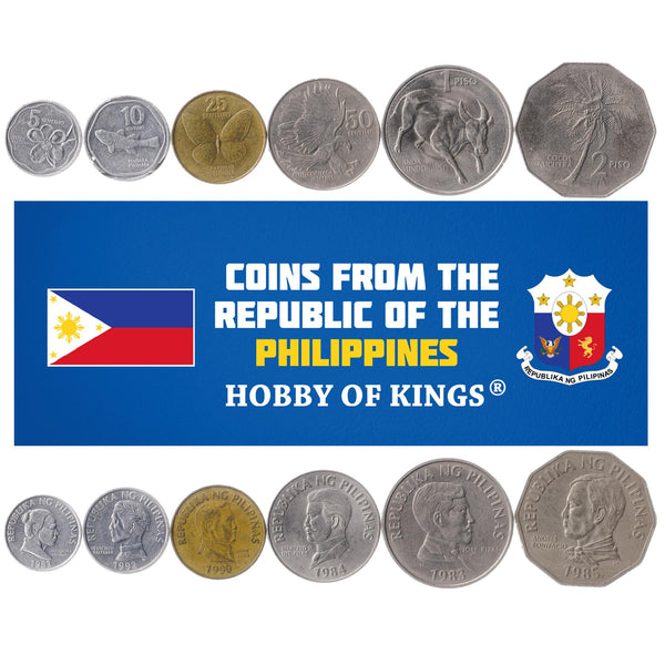 Set 7 Coins Philippines 1 5 10 25 50 Sentimos 1 2 Peso 1983 - 1994