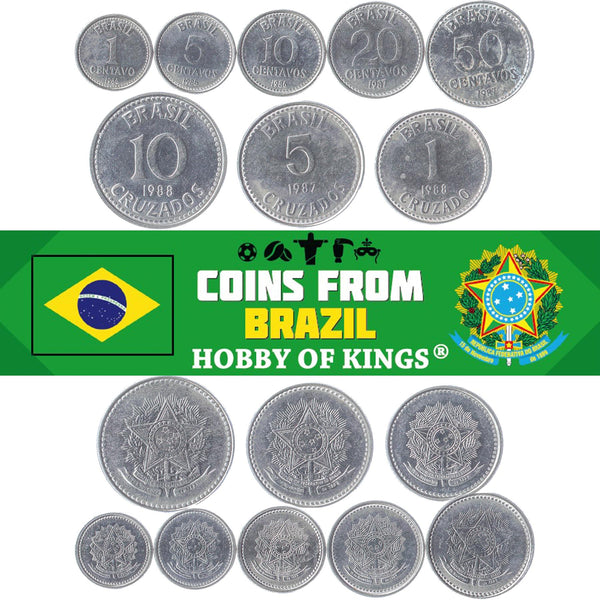 Set 8 Coins Brazil 1 5 10 20 50 Centavos 1 5 10 Cruzados Brazilian Currency 1986 - 1988