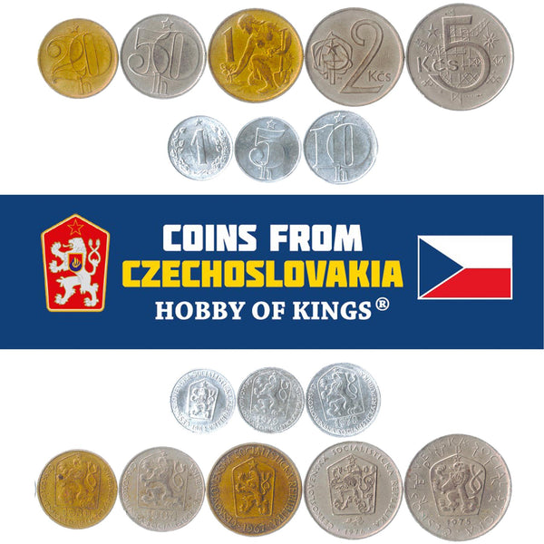 Set 8 Coins Czechoslovakia 1 5 10 20 50 Hellers 1 2 5 Korun 1972 - 1990