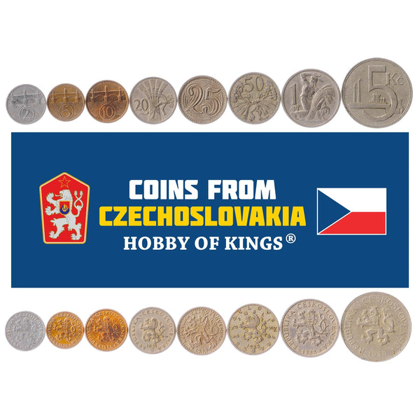 Set 8 Coins Czechoslovakia 2 5 10 20 25 50 Hellers 1 5 Koruna 1921 - 1938