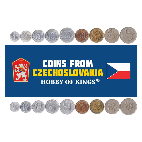 Set 9 Coins Czechoslovakia 1 3 5 10 25 50 Hellers 1 3 5 Korun 1961 - 1976