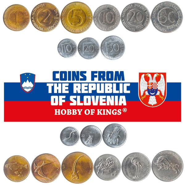 Slovenia 9 Coin Set 10 20 50 Stotinov 1 2 5 10 20 50 Tolarjev | Salamander | Ibex | Bull | Owl | Swallow | Stork | Trout | Bee | 1992 - 2006