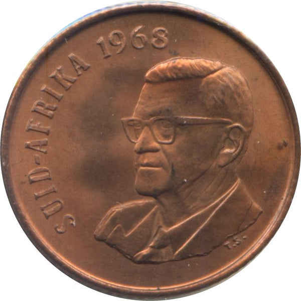 South Africa 2 Cents Coin | Afrikaans Legend - SUID-AFRIKA | KM75.2 | 1968