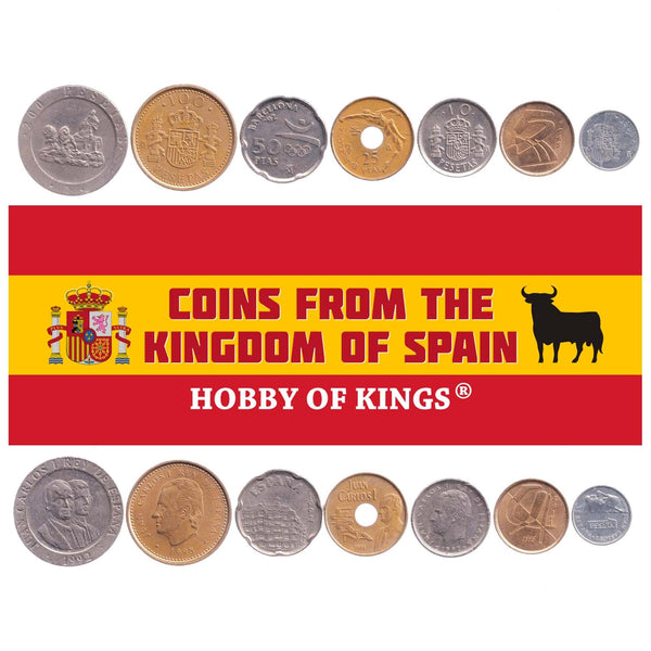 Spanish 7 Coin Set 1 5 10 25 50 100 200 Pesetas | Juan Carlos I | Sailboats | Spain | 1989 - 2001