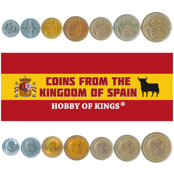 Spanish 7 Coin Set 10 50 Centimos 1 2.5 5 25 50 Pesetas | Francisco Franco | Spain | 1946 - 1966