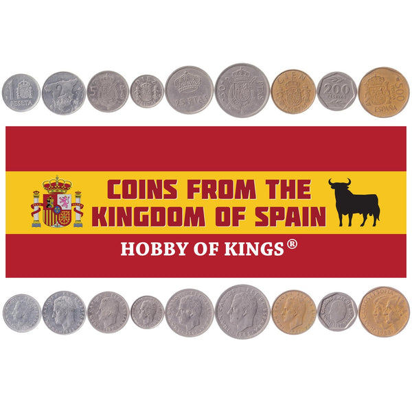 Spanish 9 Coin Set 1 2 5 10 25 50 100 200 500 Pesetas | Juan Carlos I | Spain | 1982 - 1990