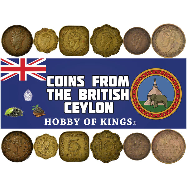Sri Lankan 6 Coin Set 1 2 5 10 25 50 Cents | George VI | Palm Trees | Ceylon | 1937 - 1945