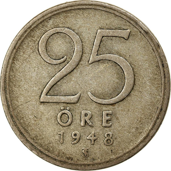 Swedish 25 Ore Coin | King Gustaf V | Sweden | 1943 - 1950