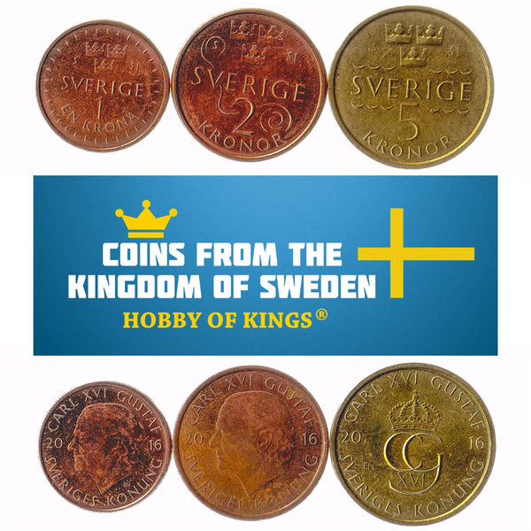 Swedish 3 Coin Set 1 2 5 Kronor | Carl XVI Gustaf | Three Crowns | Sweden | 2016 - 2019