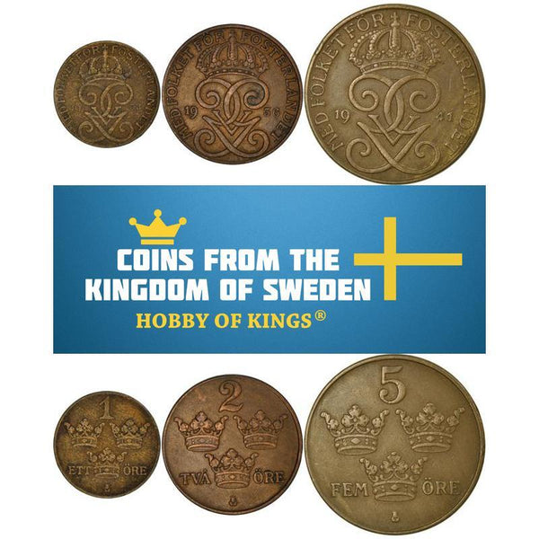 Swedish 3 Coin Set 1 2 5 Ore | Three Crowns | Sweden | 1909 - 1950