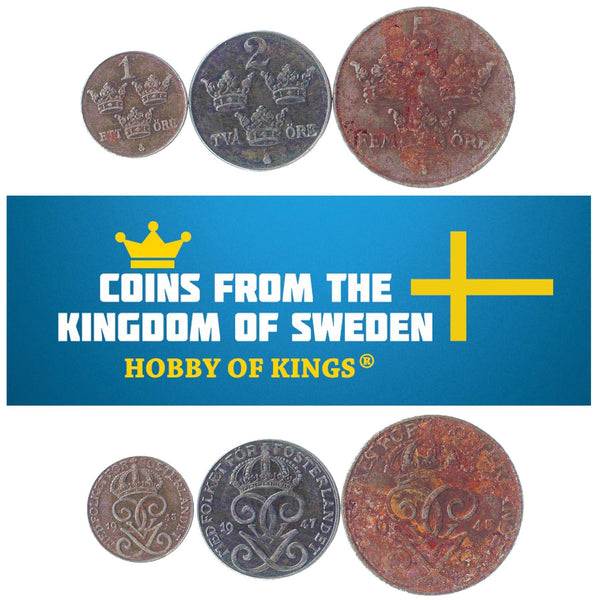 Swedish 3 Coin Set 1 2 5 Öre | Three Crowns | Sweden | 1942 - 1950