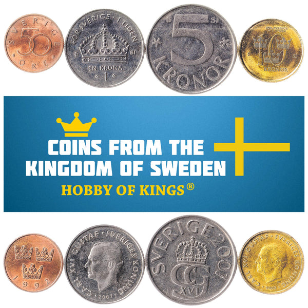 Swedish 4 Coin Set 50 Öre 1 5 10 Kronor | Carl XVI Gustaf | Three Crowns | Sweden | 1992 - 2012