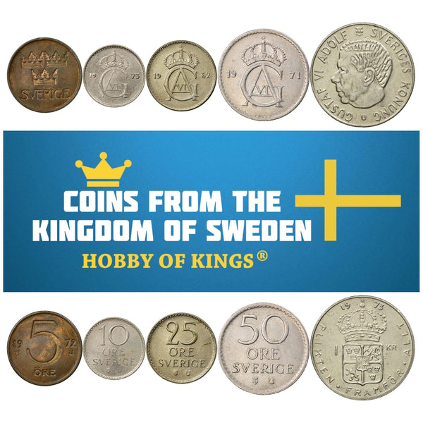 Swedish 5 Coin Set 5 10 25 50 Öre 1 Krona | Carl XVI Gustaf | Three Crowns | Sweden | 1962 - 1973