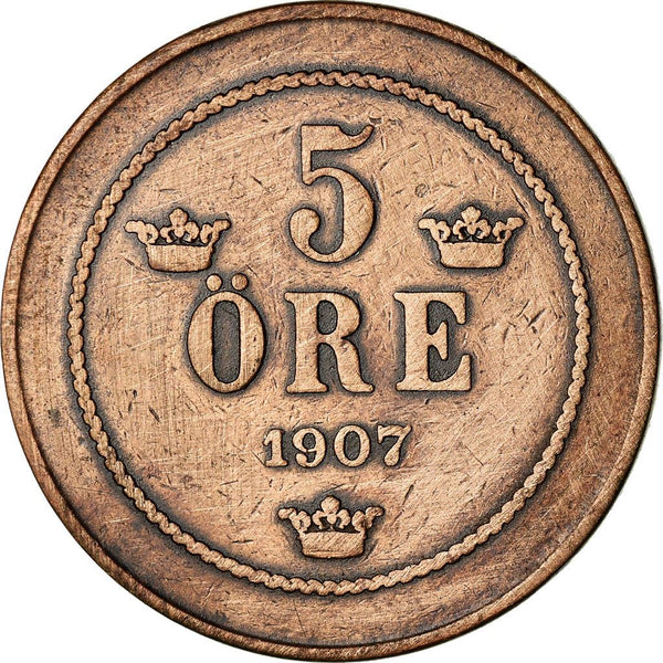 Swedish 5 Ore Coin | King Oscar II | Sweden | 1906 - 1907
