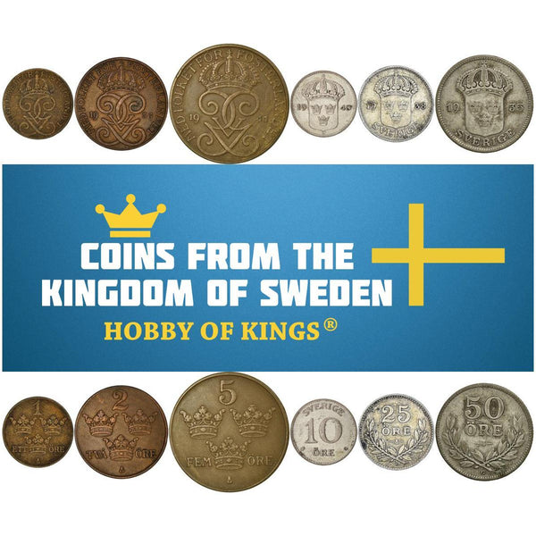 Swedish 6 Coin Set 1 2 5 10 25 50 Ore | Three Crowns | Sweden | 1909 - 1950