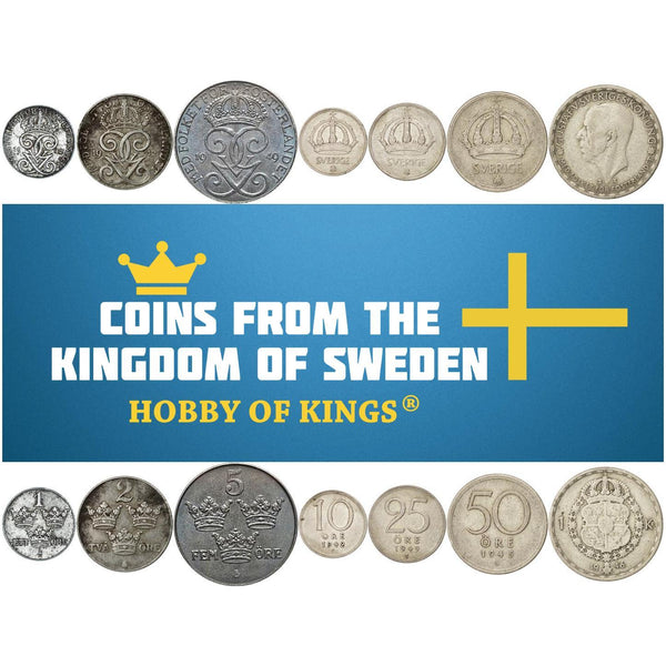 Swedish 7 Coin Set 1 2 5 10 25 50 Ore 1 Krona | Gustaf V | Crown | Sweden | 1942 - 1950