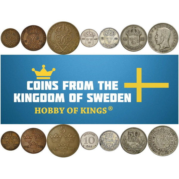 Swedish 7 Coin Set 1 2 5 10 25 50 Ore 1 Krona | King Gustaf V | Three Crowns | Sweden | 1909 - 1950