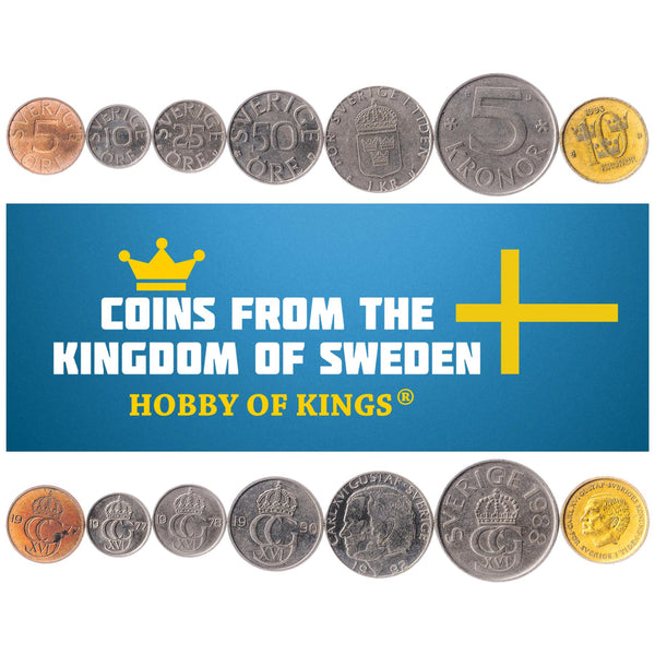 Swedish 7 Coin Set 5 10 25 50 Öre 1 5 10 Kronor | Carl XVI Gustaf | Three Crowns | Sweden | 1976 - 2000