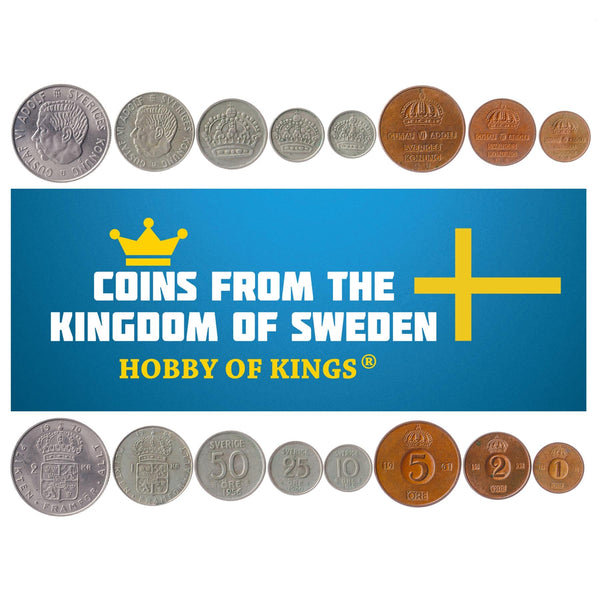 Swedish 8 Coin Set 1 2 5 10 25 50 Öre 1 2 Kronor | Gustaf VI Adolf | Sweden | 1952 - 1971