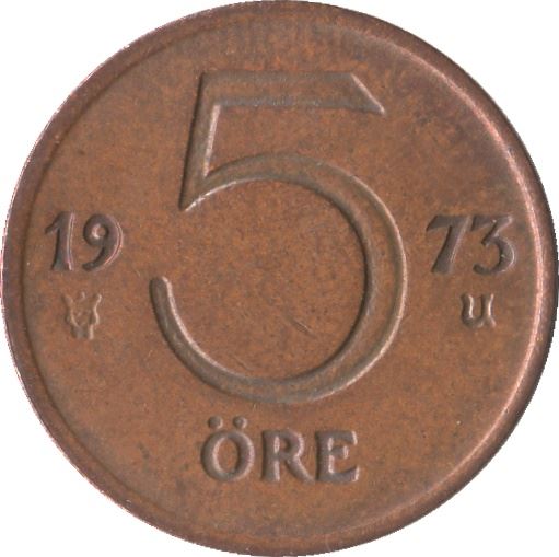 Swedish Coin 5 Öre | Gustaf VI Adolf | Crown | Sweden | 1972 - 1973