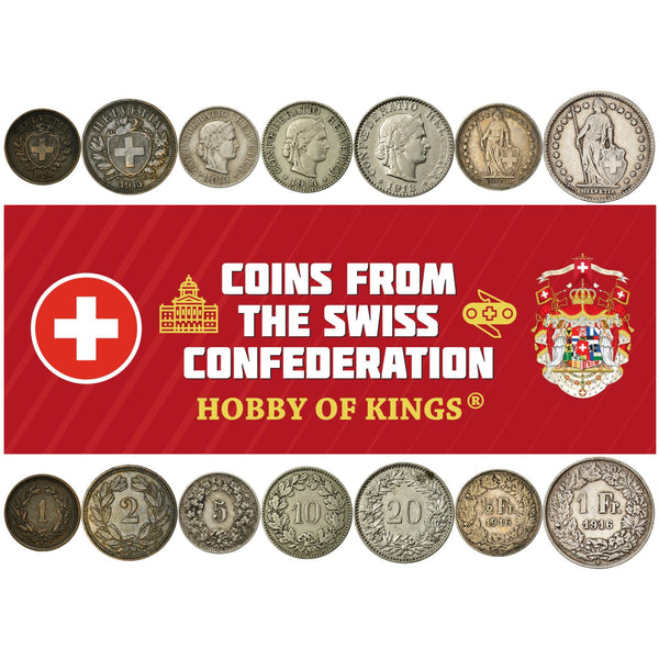 Swiss 7 Coin Set 1 2 5 10 20 Rappen 1/2 1 Franc | Libertas | Helvetia | Switzerland | 1874 - 1916