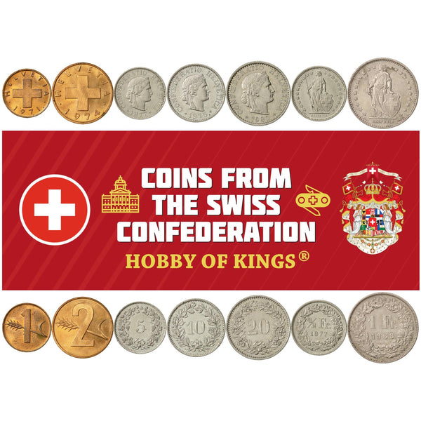 Swiss 7 Coin Set 1 2 5 10 20 Rappen 1/2 1 Franc | Wheat | Libertas | Helvetia | Switzerland | 1968 - 1980