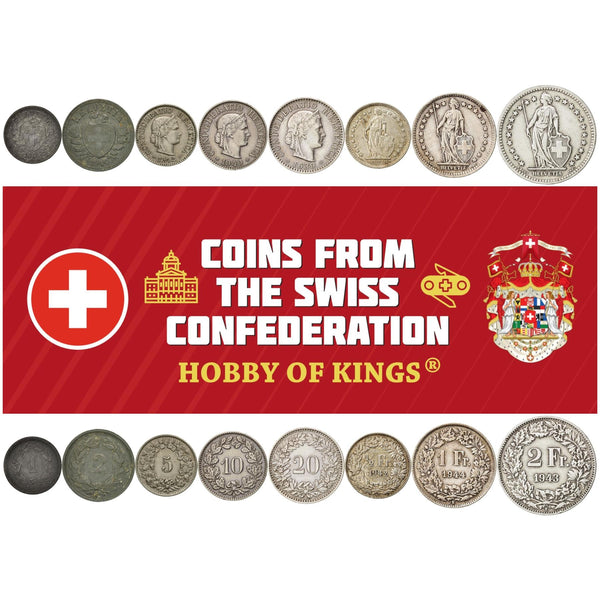 Swiss 8 Coin Set 1 2 5 10 20 Rappen 1/2 1 2 Francs | Libertas | Helvetia | Switzerland | 1939 - 1947