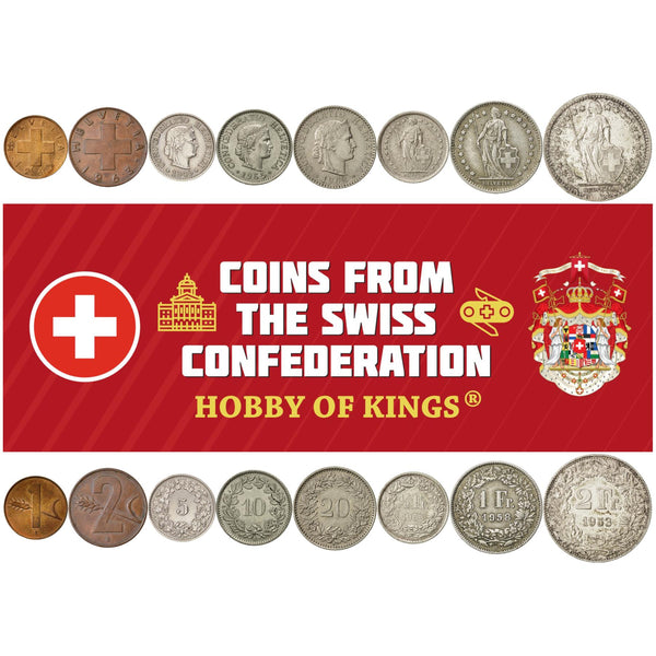 Swiss 8 Coin Set 1 2 5 10 20 Rappen 1/2 1 2 Francs | Wheat | Libertas | Helvetia | Switzerland | 1948 - 1967