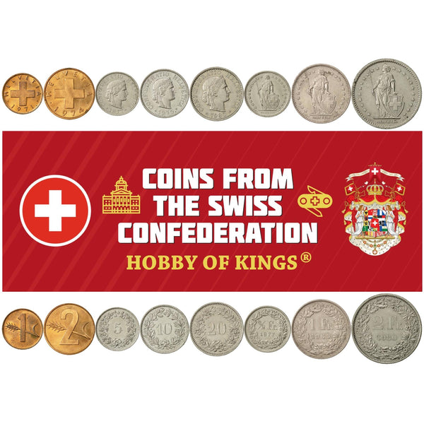 Swiss 8 Coin Set 1 2 5 10 20 Rappen 1/2 1 2 Francs | Wheat | Libertas | Helvetia | Switzerland | 1968 - 1980