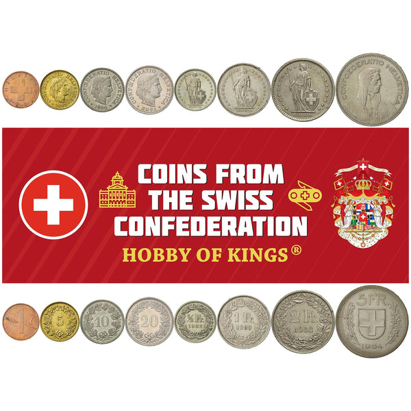 Swiss 8 Coin Set 1 5 10 20 Rappen 1/2 1 2 5 Francs | Paul Burkhard | Wheat | Libertas | Helvetia | Switzerland | 1981 - 2023