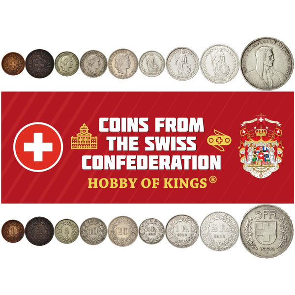 Swiss 9 Coin Set 1 2 5 10 20 Rappen 1/2 1 2 5 Francs | Burkhard | Libertas | Helvetia | Switzerland | 1919 - 1931