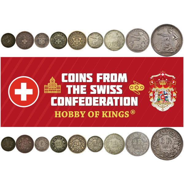 Swiss 9 Coin Set 1 2 5 10 20 Rappen 1/2 1 2 5 Francs | Libertas | Helvetia | Switzerland | 1850 - 1878