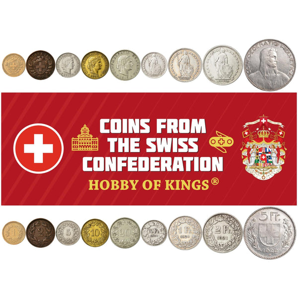 Swiss 9 Coin Set 1 2 5 10 20 Rappen 1/2 1 2 5 Francs | Paul Burkhard | Libertas | Helvetia | Switzerland | 1917 - 1923