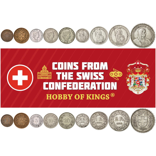Swiss 9 Coin Set 1 2 5 10 20 Rappen 1/2 1 2 5 Francs | Paul Burkhard | Libertas | Helvetia | Switzerland | 1931 - 1941