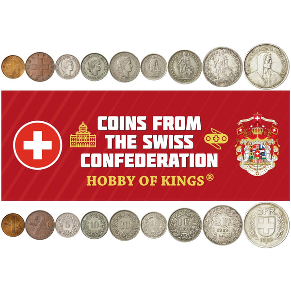 Swiss 9 Coin Set 1 2 5 10 20 Rappen 1/2 1 2 5 Francs | Paul Burkhard | Wheat | Libertas | Helvetia | Switzerland | 1948 - 1967