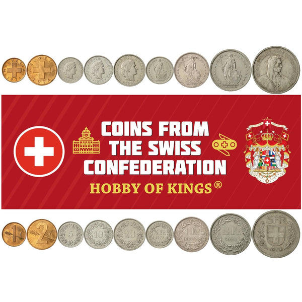 Swiss 9 Coin Set 1 2 5 10 20 Rappen 1/2 1 2 5 Francs | Paul Burkhard | Wheat | Libertas | Helvetia | Switzerland | 1968 - 1980