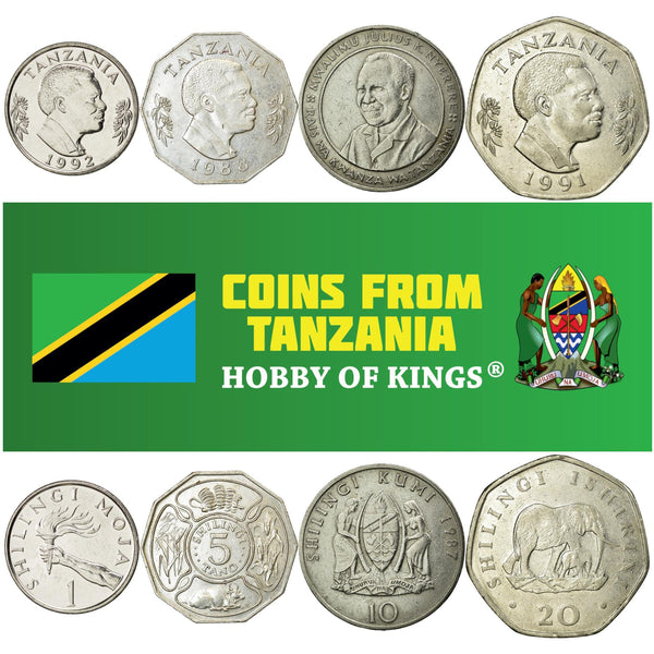 Tanzanian 4 Coin Set 1 5 10 20 Shilingi | Ali Hassan Mwinyi | Julius Nyerere | Elephant | Cow | Banana | Corn | Tanzania | 1987 - 1992