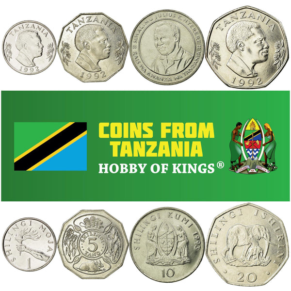 Tanzanian 4 Coin Set 1 5 10 20 Shilingi | Ali Hassan Mwinyi | Julius Nyerere | Elephant | Cow | Banana | Corn | Tanzania | 1987 - 1993