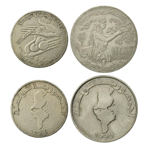 Tunisian 2 Coin Set 1/2 1 Dinars | Wheat | Oranges | Tunisia | 1988 - 1990